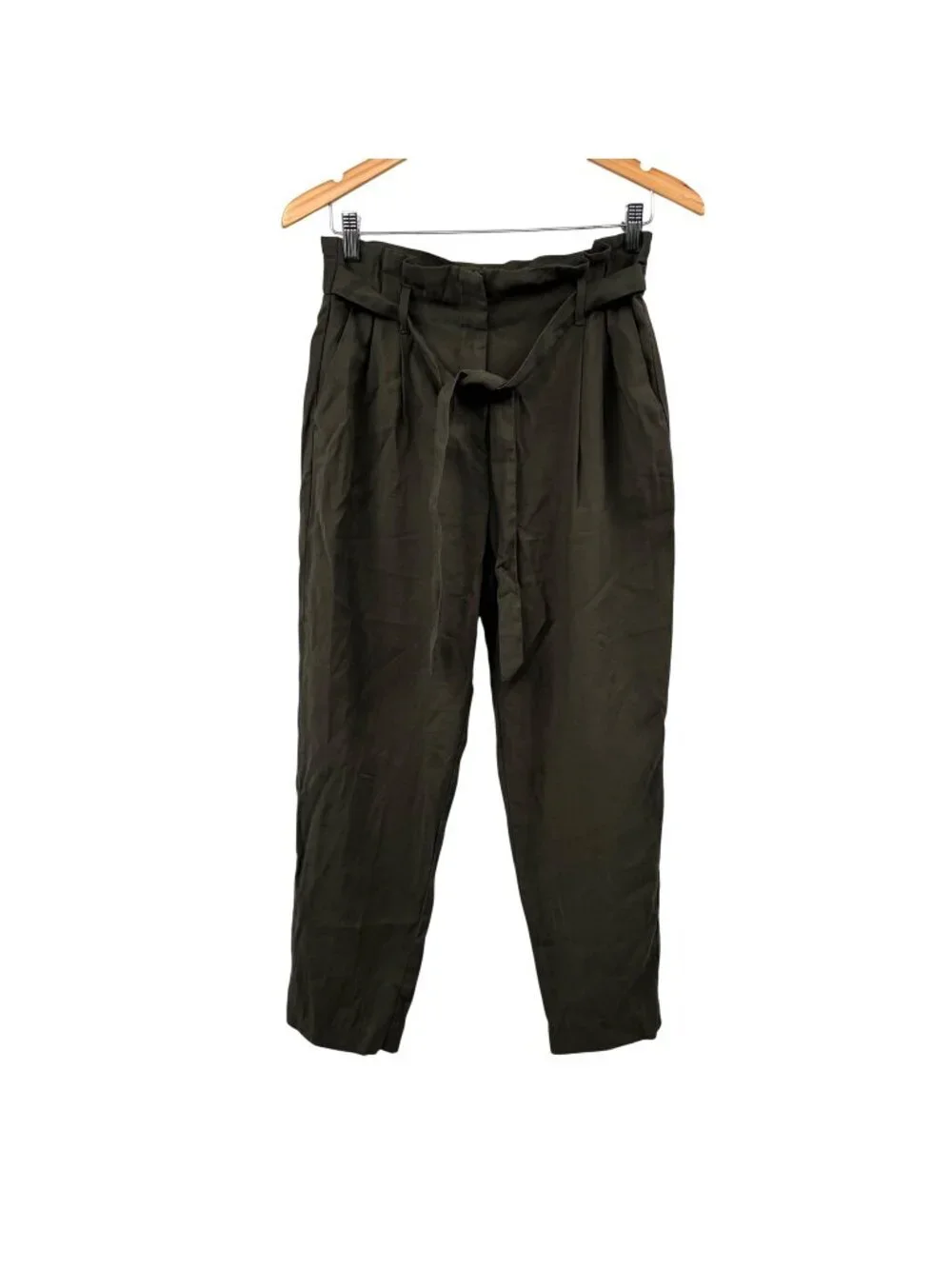 H&M Womens Paperbag Pants Belted High Rise Green Size 6 Pockets